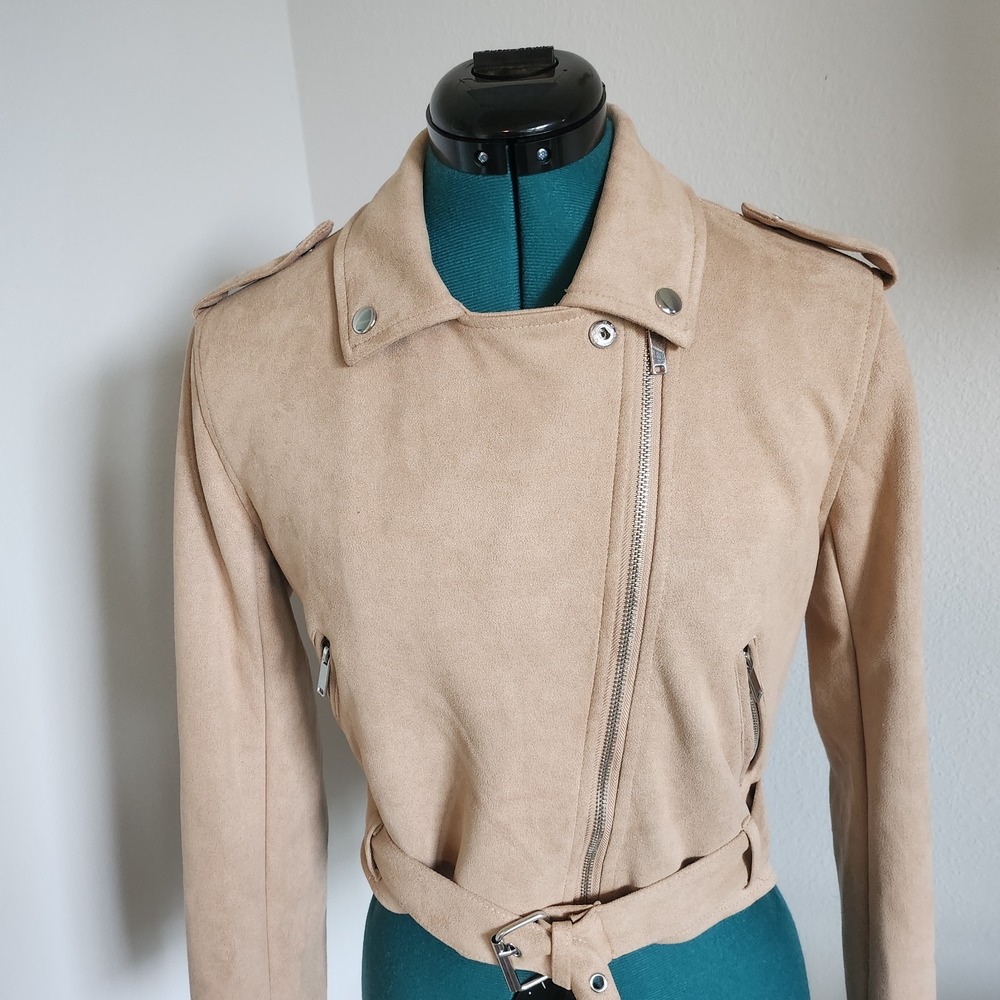 Forever 21 Womens Faux Suede Moto Jacket Fawn Belted Asymmetrical Zip Small